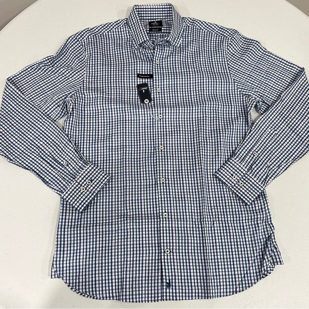 johnnie-O Top Shelf Feldman Button Up Shirt Wake NWT $178 Medium  Blue White